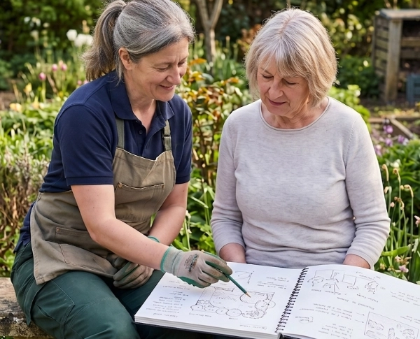Sue Andrews sharing a garden design sketch